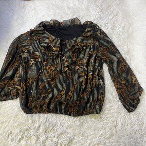 Madison Michelle Blouse Women Sheer Lined Long Brown Sleeve Cowl Neck Top XL